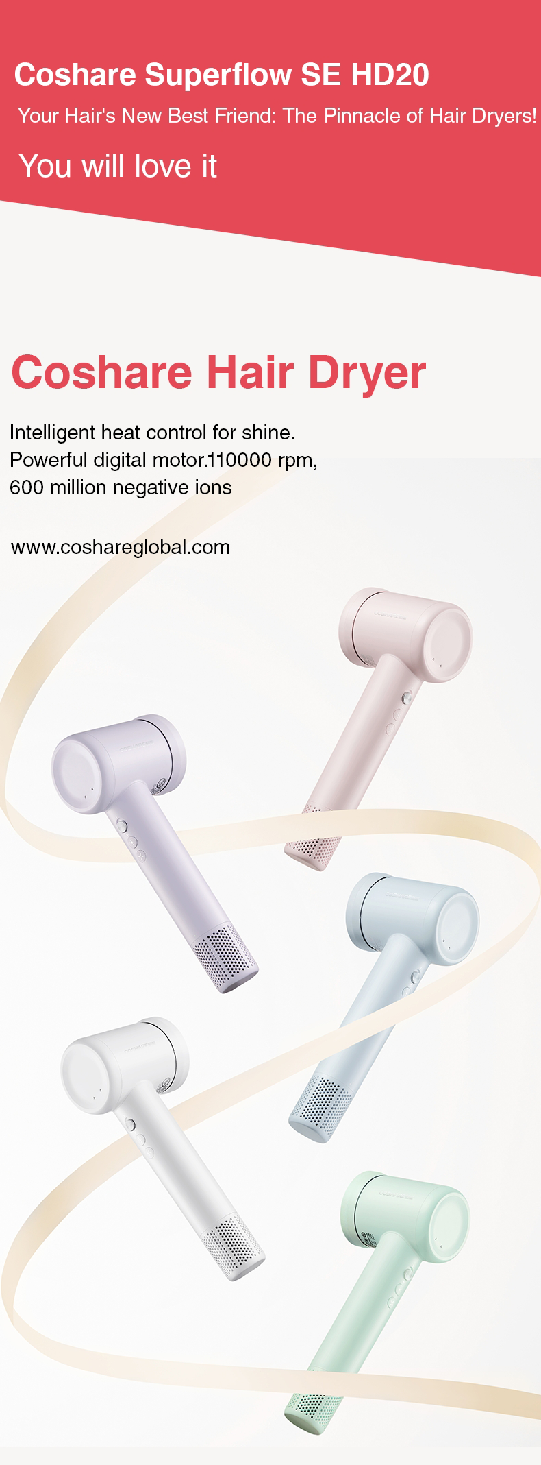 Coshare HD10E Pearl White-föhn-Haardroger met ionische technologie - 3 warmtestanden