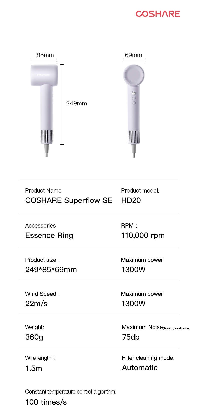 Coshare HD10E Pearl White-föhn-Haardroger met ionische technologie - 3 warmtestanden
